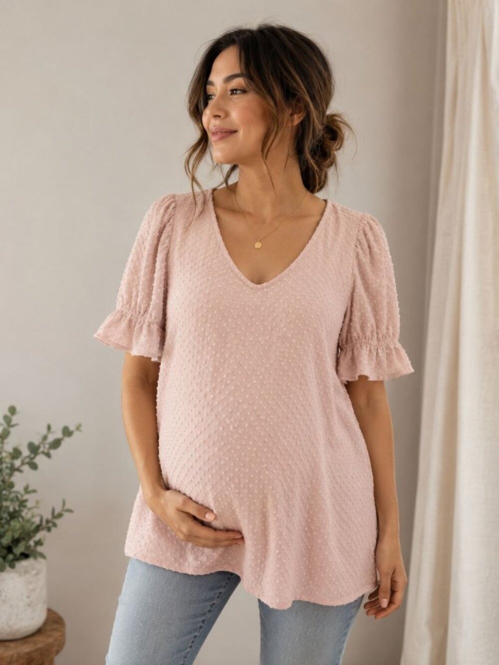 PinkBlush Maternity Blush Pink Swiss Dot Blouse Size Small Flutter Sleeve Top